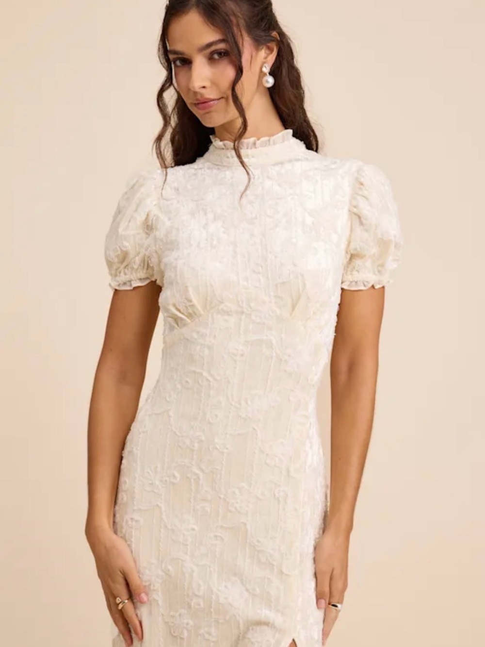 Lulu's Ivory Puff-Sleeve Lace Midi Dress